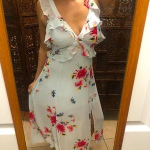 ASTR Pale Blue Ruffle Floral Print Open Back Dress